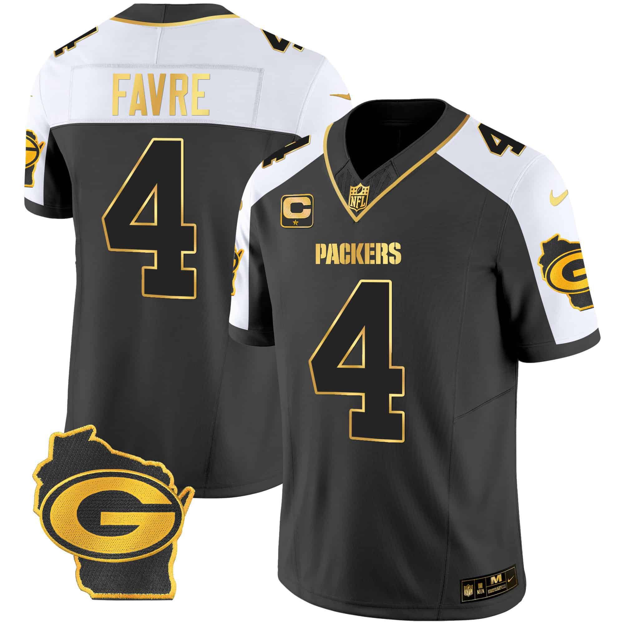 Men Green Bay Packers #4 Favre Black Gold 2024 Nike Home Patch Vapor NFL Jersey